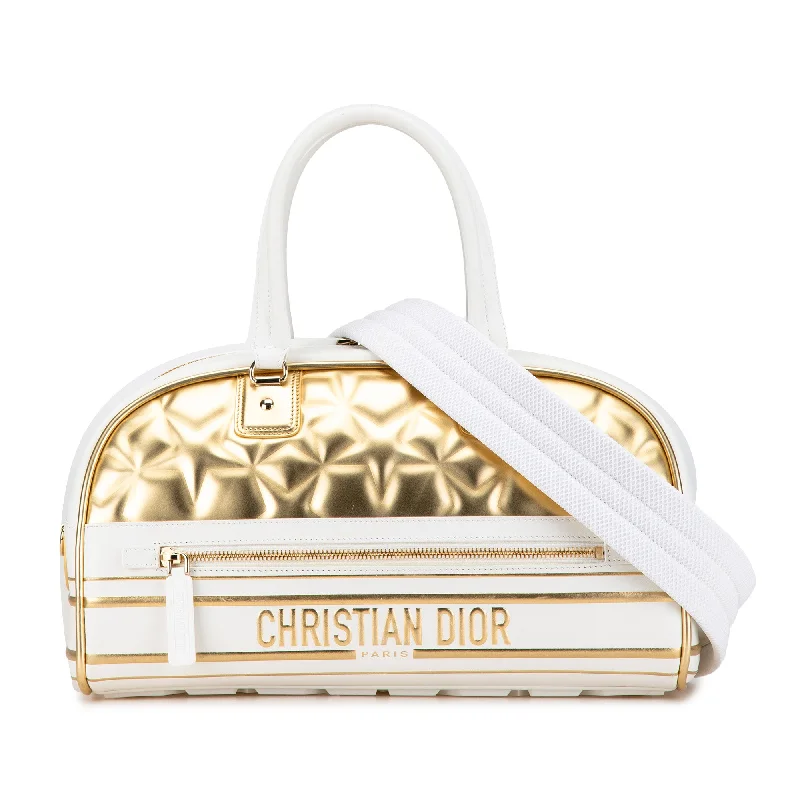 Christian Dior Saddle bags with a patent leather finish for a shiny lookGold Dior Medium Padded Etoile Leather Vibe Zip Bowling Bag Satchel