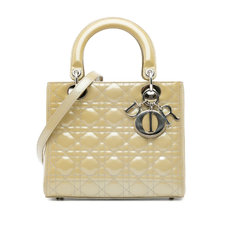 Christian Dior Saddle bags with a studded trim for a bold lookBeige Dior Medium Patent Cannage Lady Dior Satchel