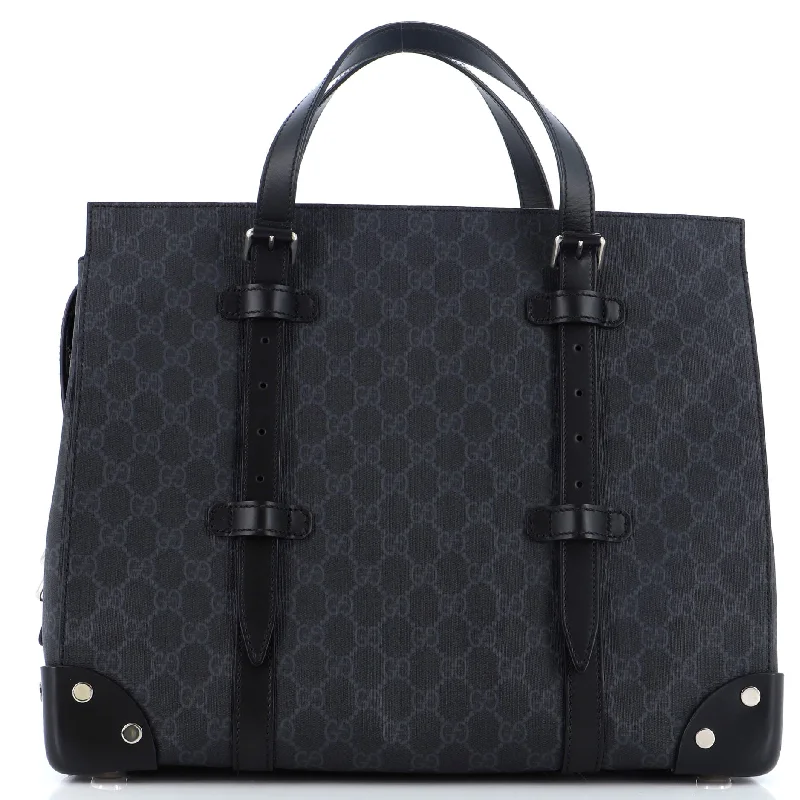 Women Gucci bags with a chain - link trim and a leather bodyBuckle Travel Tote GG Coated Canvas with Leather Large