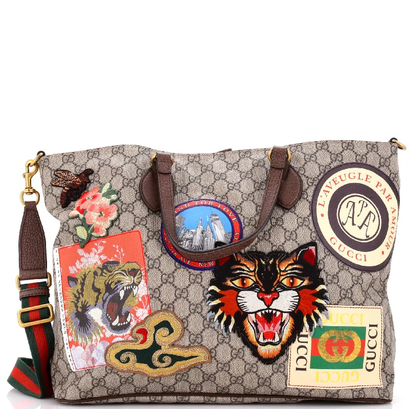 Women Gucci bags with a zippered interior pocketCourrier Convertible Soft Open Tote GG Coated Canvas with Applique Large