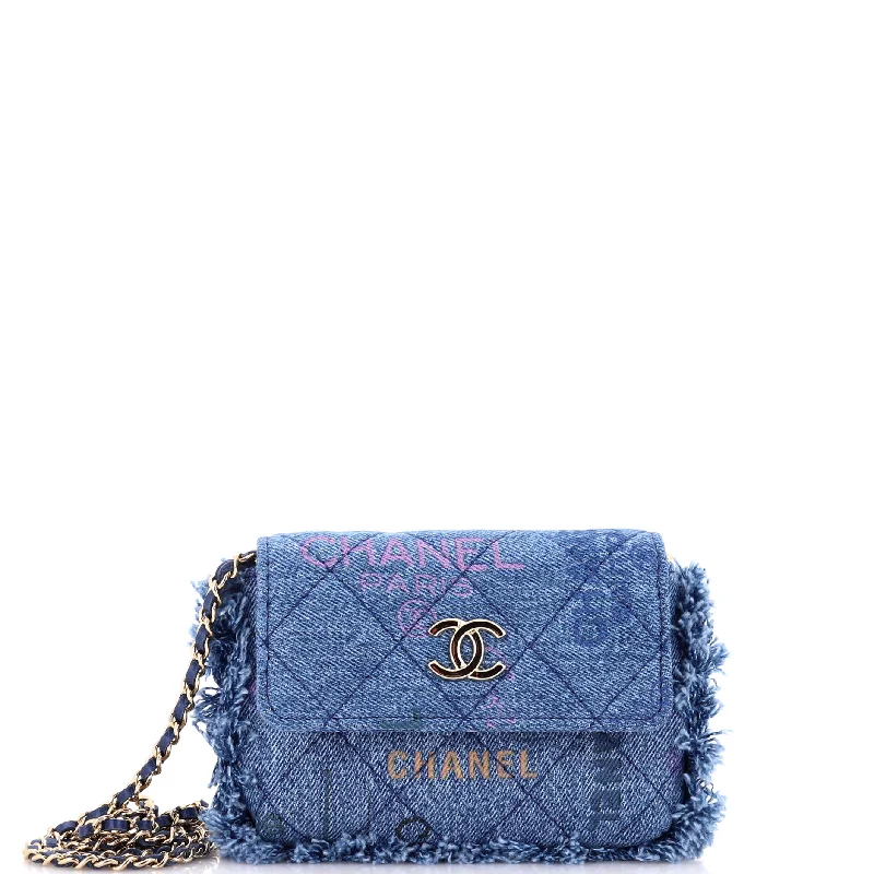 Luxury Christian Dior crossbody bags with a chain - link strapDenim Mood Flap Clutch with Chain Logo Printed Quilted Fringe Denim