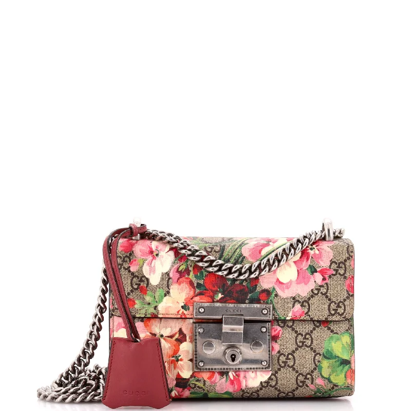 Ladies Gucci handbags with a detachable coin purse insidePadlock Shoulder Bag Blooms Print GG Coated Canvas Small