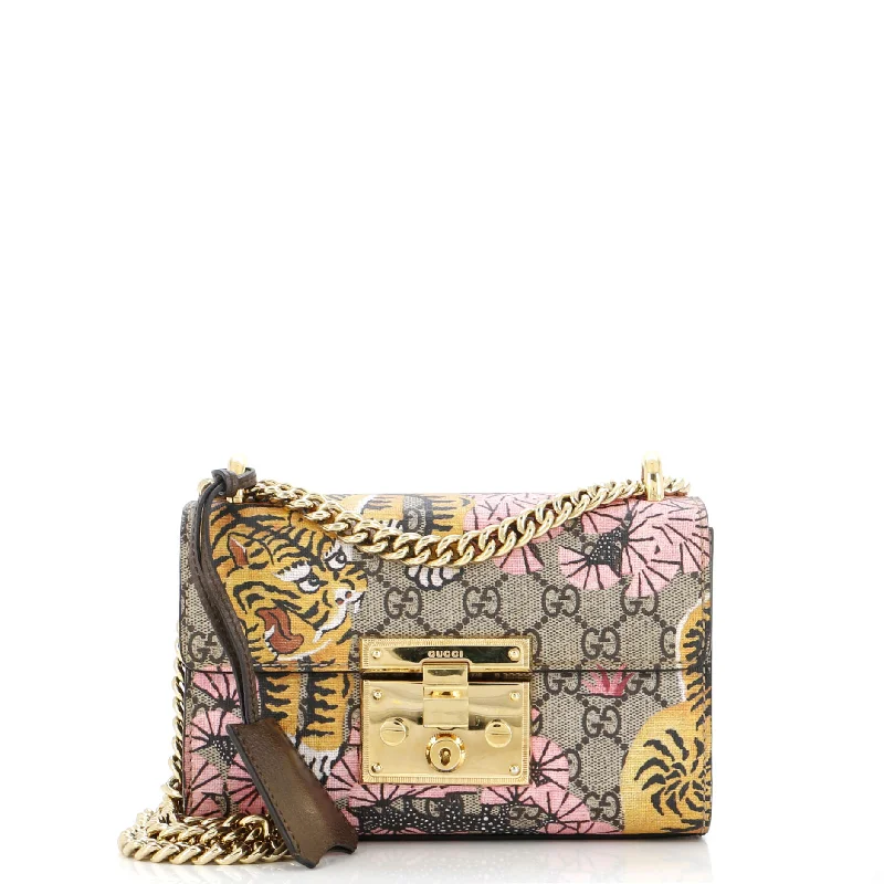 Gucci backpacks for women with a multi - pocket designPadlock Shoulder Bag Bengal Print GG Coated Canvas Small