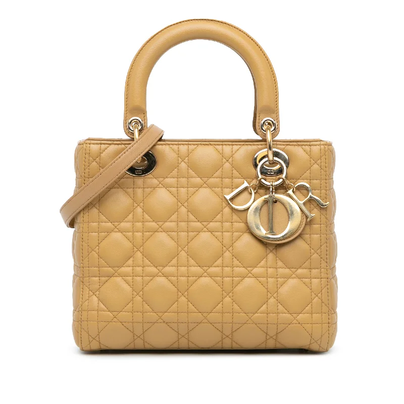 Christian Dior handbags with a snap - button closure and a decorative buckleYellow Dior Medium Lambskin Cannage Lady Dior Satchel