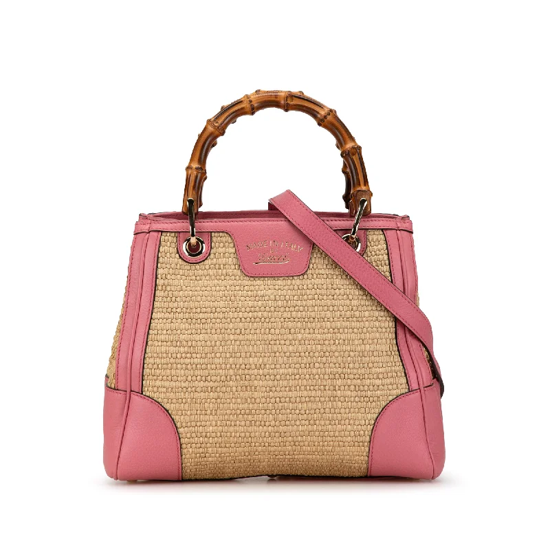 Ladies Gucci shoulder bags with a single - handle designTan & Pink Gucci Small Raffia Bamboo Shopper Tote Satchel