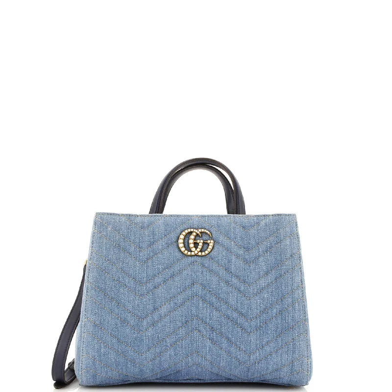 Ladies Gucci shoulder bags with a magnetic - closure flapPearly GG Marmont Tote Matelasse Denim Small