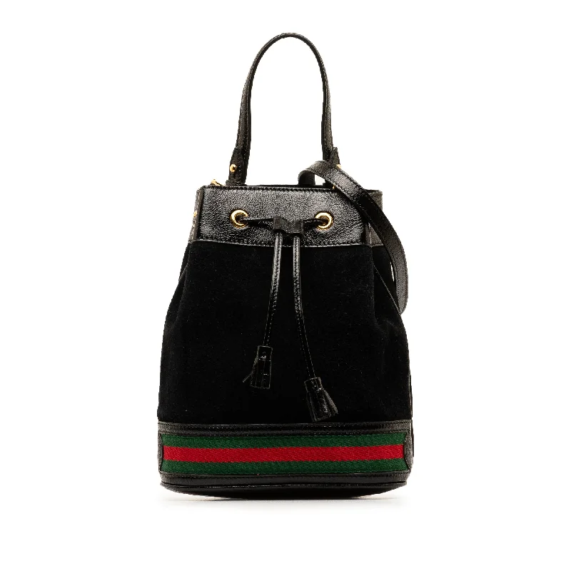 Women Gucci bags with a snap - button closure and a decorative charmBlack Gucci Small Suede Ophidia Bucket Bag