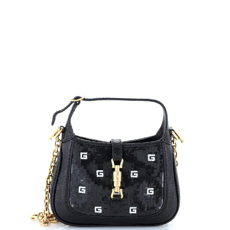 Gucci tote bags for women with a spacious interiorJackie 1961 Chain Hobo Crystal GG Embellished Fabric with Lizard Mini