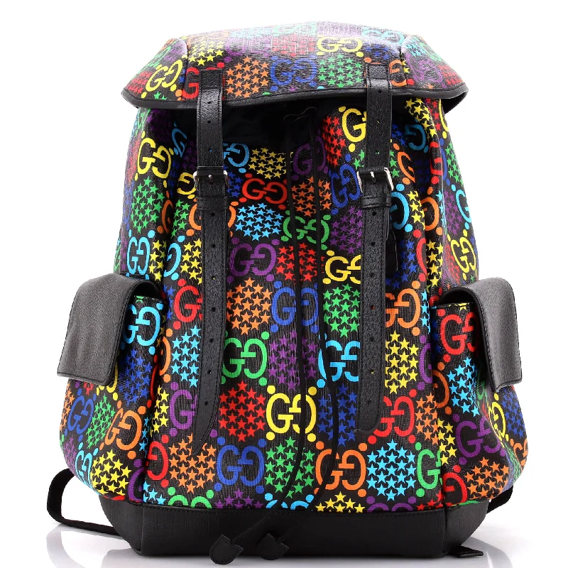 Women Gucci Sylvie bags with a crystal - embellished web stripeDouble Pocket Belt Backpack Psychedelic Print GG Coated Canvas Medium