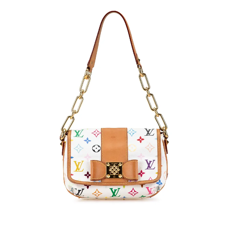 Louis Vuitton tote bags with a printed LV logo on the front for brand visibilityWhite Louis Vuitton Monogram Murakami Patti Shoulder Bag