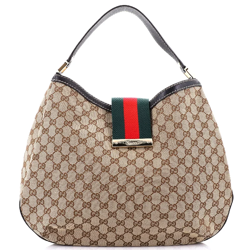 Women Gucci bags with a chain - link trim and a leather bodyNew Ladies Web Hobo GG Canvas Large