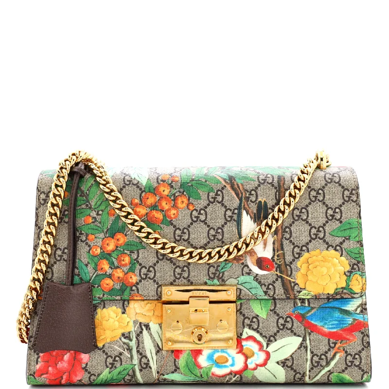 Ladies Gucci Dionysus bags with a star - shaped charmPadlock Shoulder Bag Tian Print GG Coated Canvas Medium