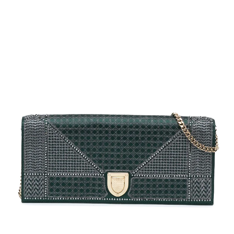 Christian Dior bags with a side - pocket for holding a water bottleGreen Dior Studded Satin Microcannage Diorama Clutch with Chain Crossbody Bag