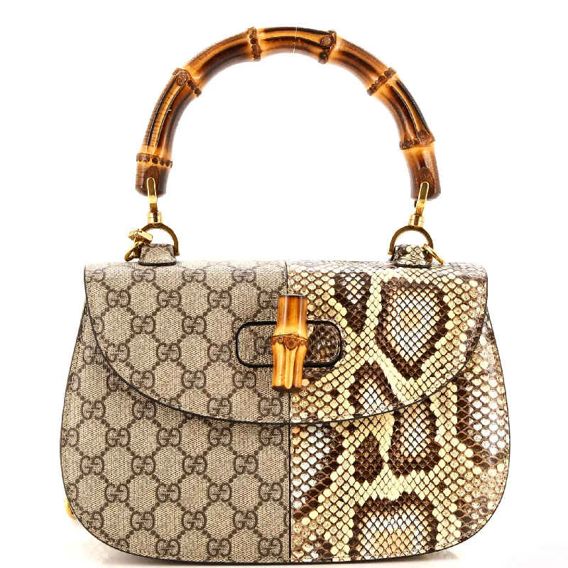 Women Gucci Sylvie bags with a leather - wrapped handleBamboo 1947 Top Handle Bag GG Coated Canvas and Python Medium