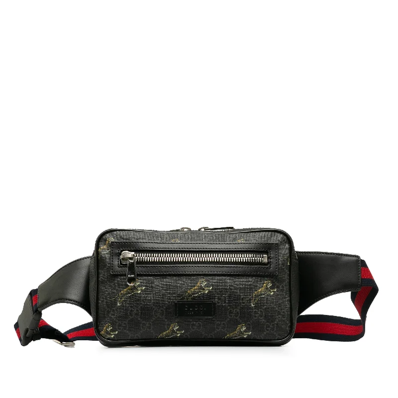 Gucci handbags for women with a patent - leather finishBlack Gucci GG Supreme Web Tiger Belt Bag