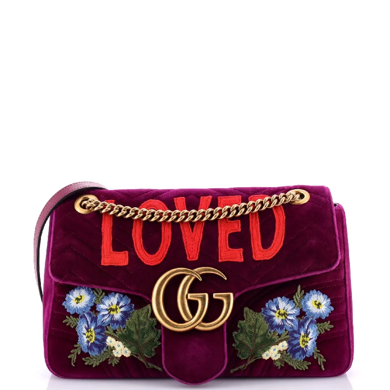 Women Gucci Sylvie bags with a leather - wrapped handleGG Marmont Flap Bag Embroidered Matelasse Velvet Medium