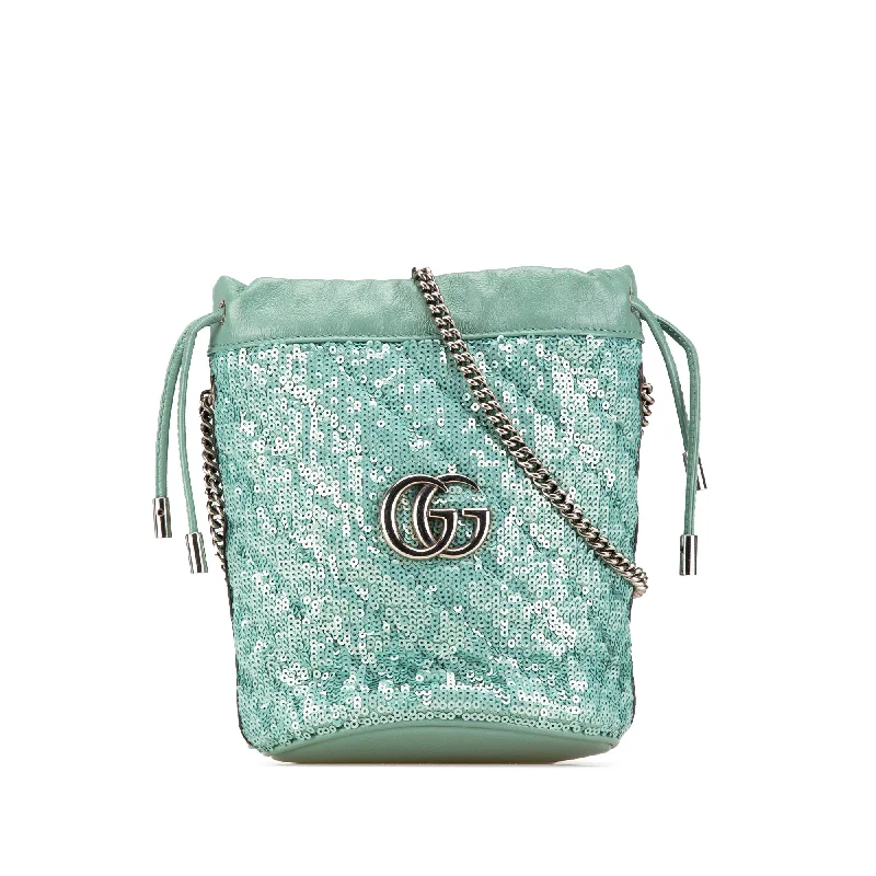 Gucci tote bags for women with a water - resistant coatingGreen Gucci Mini GG Marmont Diagonal Matelasse Sequined 2.0 Bucket Bag