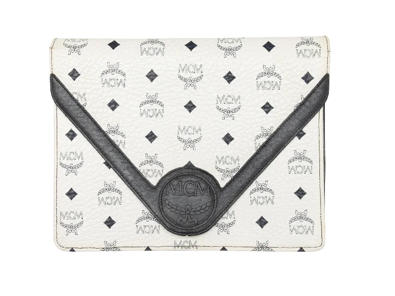 Louis Vuitton bags with a detachable mirror inside for on - the - go touch - upsVintage White & Black MCM Monogram Clutch