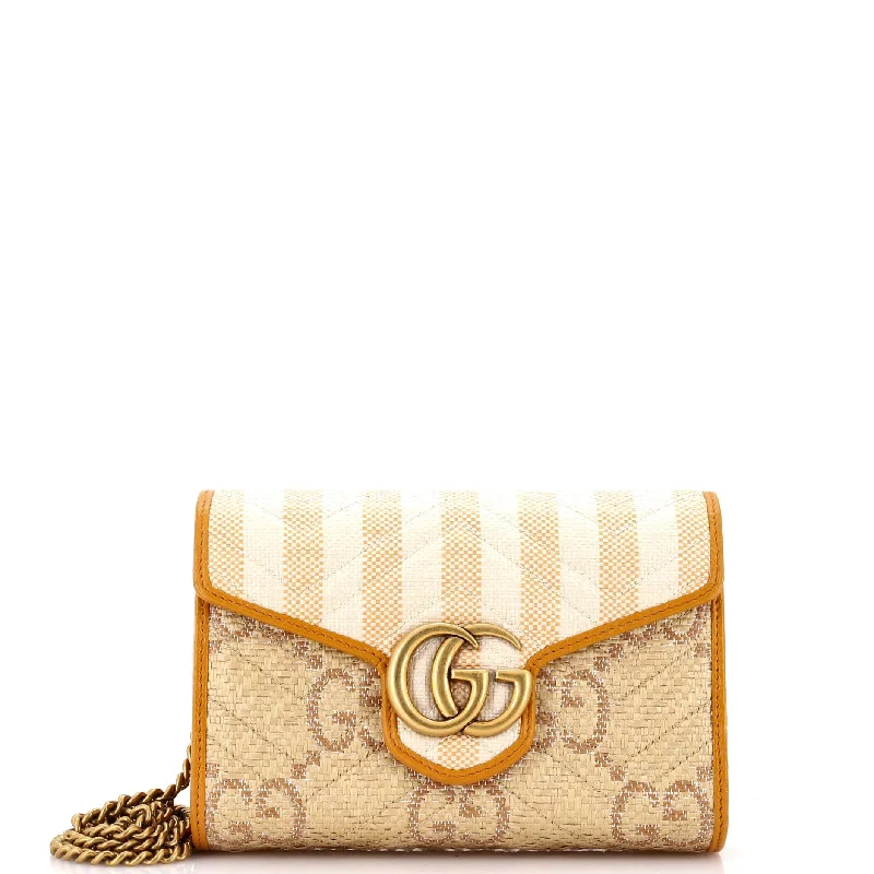 Women Gucci bags with a zip - around closure for securityGG Marmont Chain Wallet Matelasse Jumbo GG Raffia with Stripes Mini