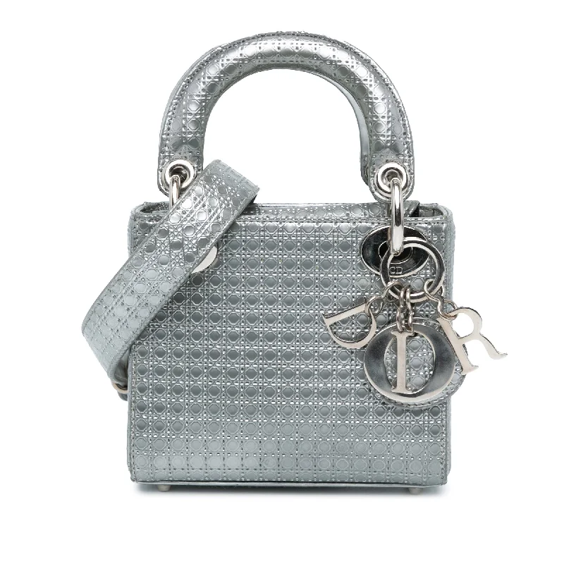 Luxury Christian Dior crossbody bags with a chain - link strapSilver Dior Mini Patent Microcannage Lady Dior Satchel