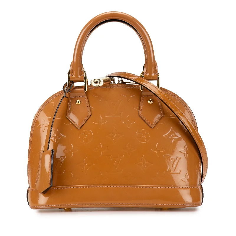 Louis Vuitton Alma bags with a monogram - embossed leather surfaceTan Louis Vuitton Monogram Vernis Alma BB Satchel