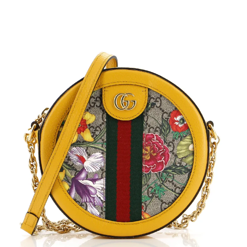 Women Gucci Sylvie bags with a crystal - embellished web stripeOphidia Round Shoulder Bag Flora GG Coated Canvas Mini