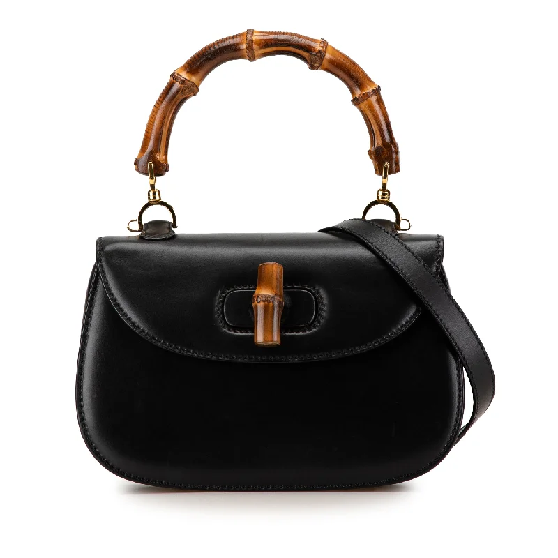 Women Gucci bags with a front - flap pocket for quick - access itemsBlack Gucci Calfskin Bamboo Night Satchel