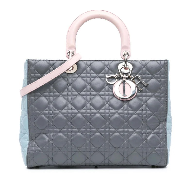 High - fashion Christian Dior bags with a geometric patternGray Dior Large Bicolor Lambskin Cannage Lady Dior Satchel