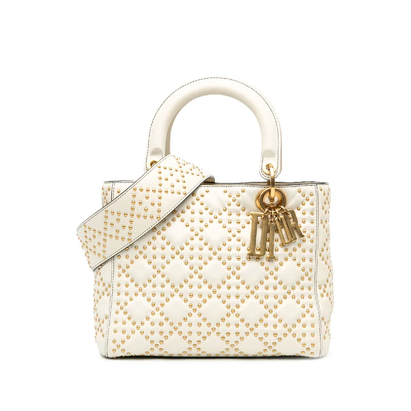 Christian Dior bags with a side - pocket for holding a water bottleWhite Dior Medium Lambskin Cannage Studded Supple Lady Dior Satchel