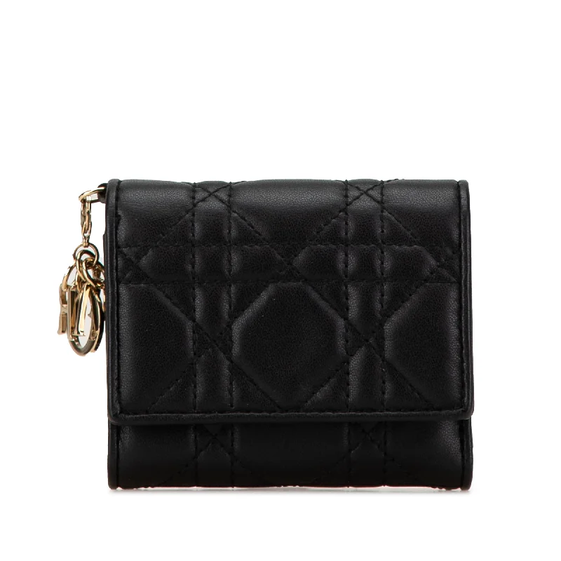 Christian Dior handbags with a snap - button closure and a decorative buckleBlack Dior Lambskin Cannage Lady Dior Lotus Wallet