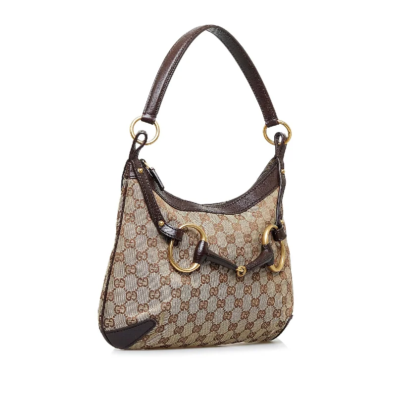 Gucci Marmont bags for women with a contrast - colored interiorGucci GG Canvas Horsebit Hobo Bag (SHG-3vKr0U)