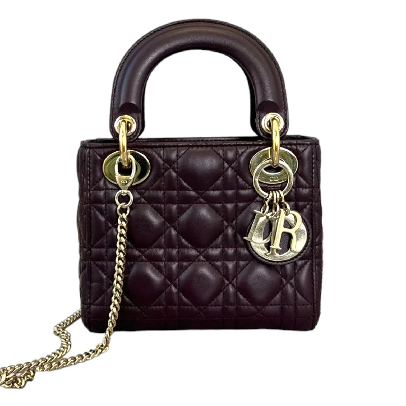 Stylish Christian Dior shoulder bags with a tassel - adorned zipperMini Lady Dior Lambskin Cannage Plum GHW