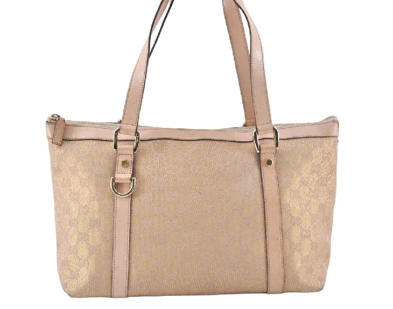 Women Gucci bags with a front - zip pocket for small itemsAuthentic GUCCI Abbey Shoulder Tote Bag GG Canvas Leather 141470 Pink Gold 6713J