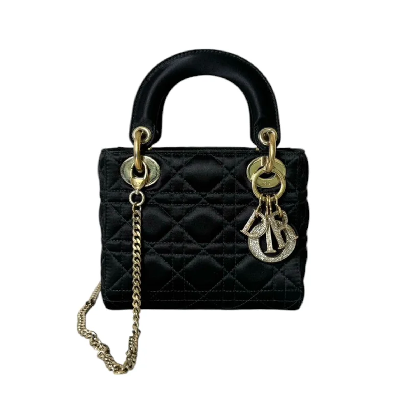 Christian Dior bags with a side - pocket for holding a water bottleLady Dior Mini Satin Swarovski Crystal Cannage Black GHW