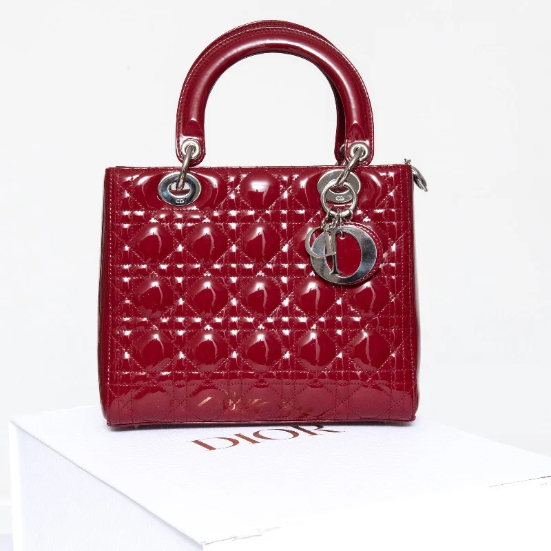 Christian Dior tote bags with a double - handle and shoulder - strap optionDior Red Cannage Patent Leather Medium Lady Dior Tote