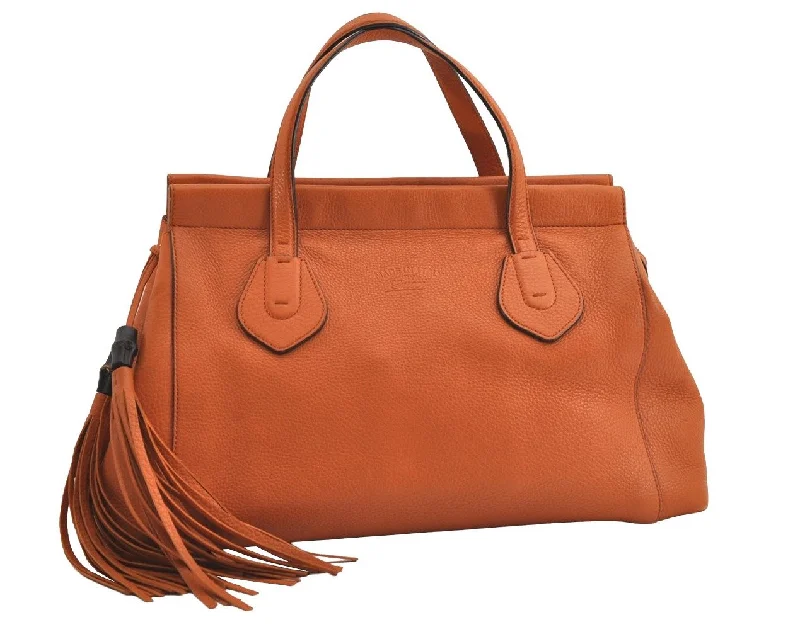 Ladies Gucci shoulder bags with a single - handle designAuthentic GUCCI Vintage Tassel Bamboo Tote Hand Bag Leather 354469 Orange 6692J