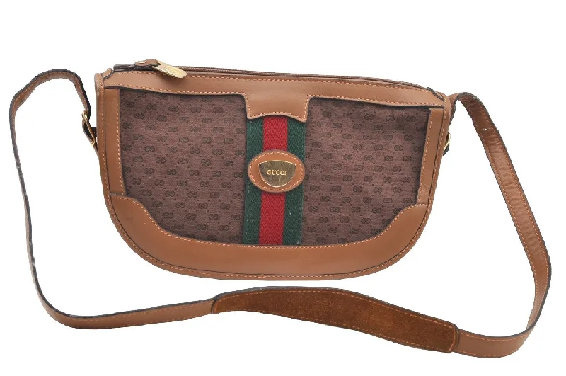 Women Gucci bags with a snap - button closure and a decorative charmAuthentic GUCCI Web Sherry Line Micro GG Shoulder Bag Canvas Leather Brown K9213