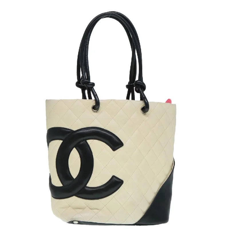 Chanel bags with intricate metal hardwareCHANEL Cambon Line Hand Bag Leather White Silver black CC  bs17836