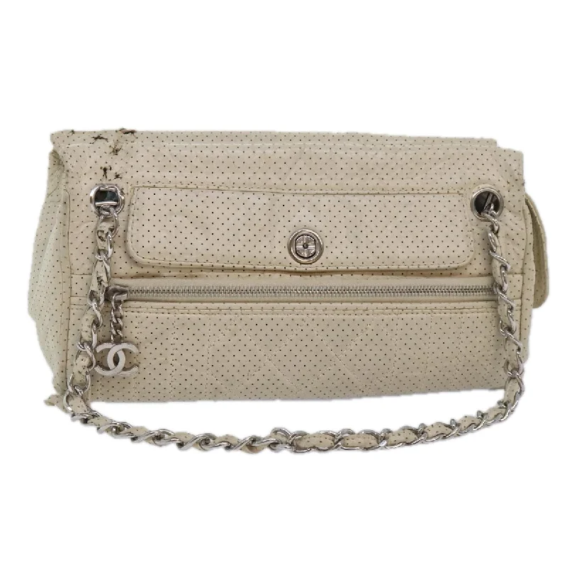 Chanel bags with exclusive seasonal designs and materialsCHANEL Chain Shoulder Bag Punching leather White Silver CC  91310