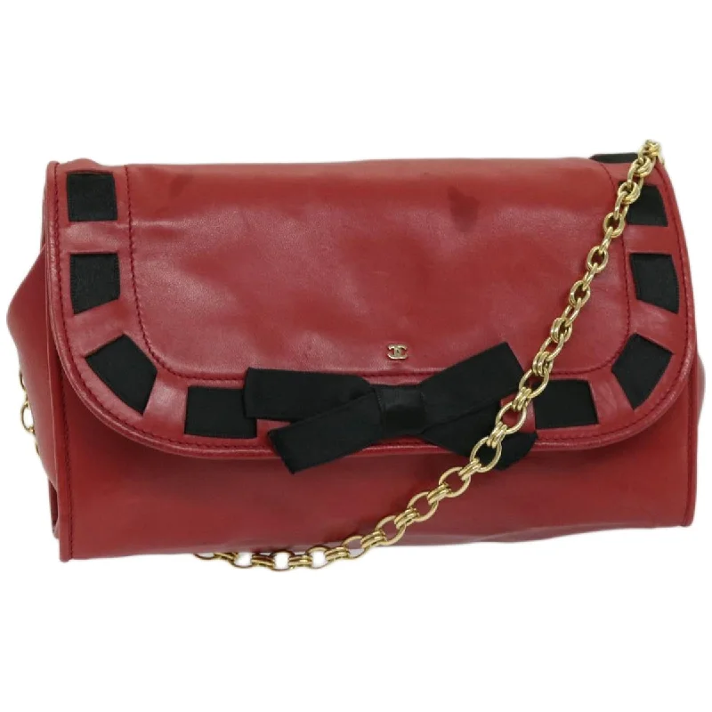 Chanel bags with iconic stitching detailsCHANEL COCO Mark Ribbon Chain Shoulder Bag Lamb Skin Red CC  yk10943