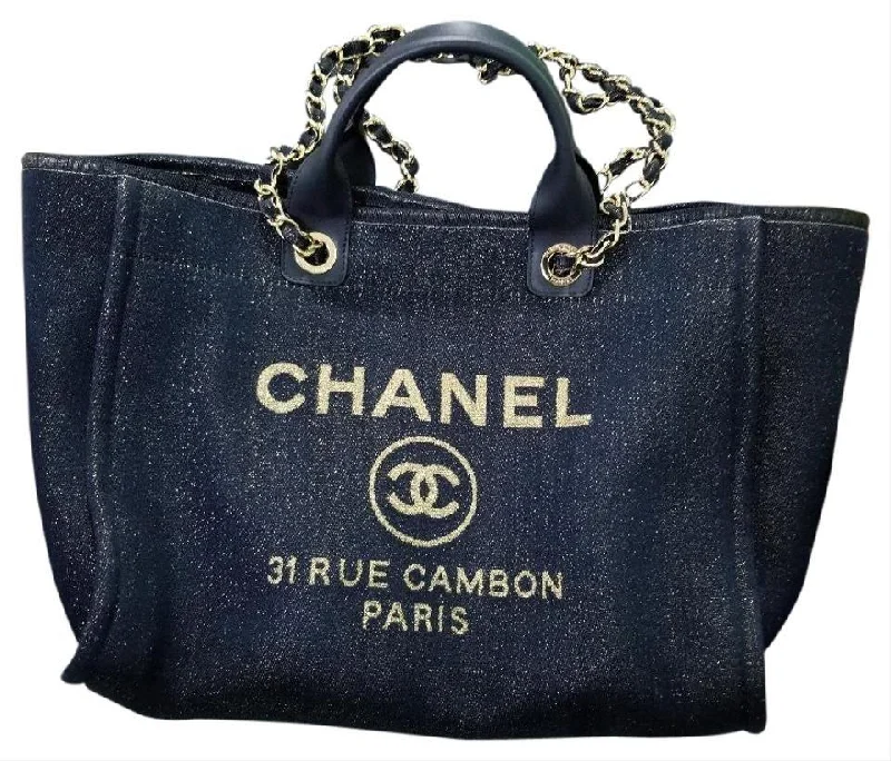 Chanel bags for women who appreciate fine craftsmanshipChanel Deauville Fabric Tote Navy Blue Gold