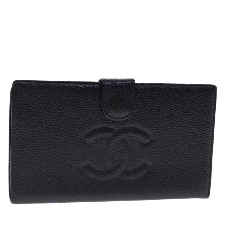 Chanel classicCHANEL Long Wallet Caviar Skin Black Gold CC  bs18723