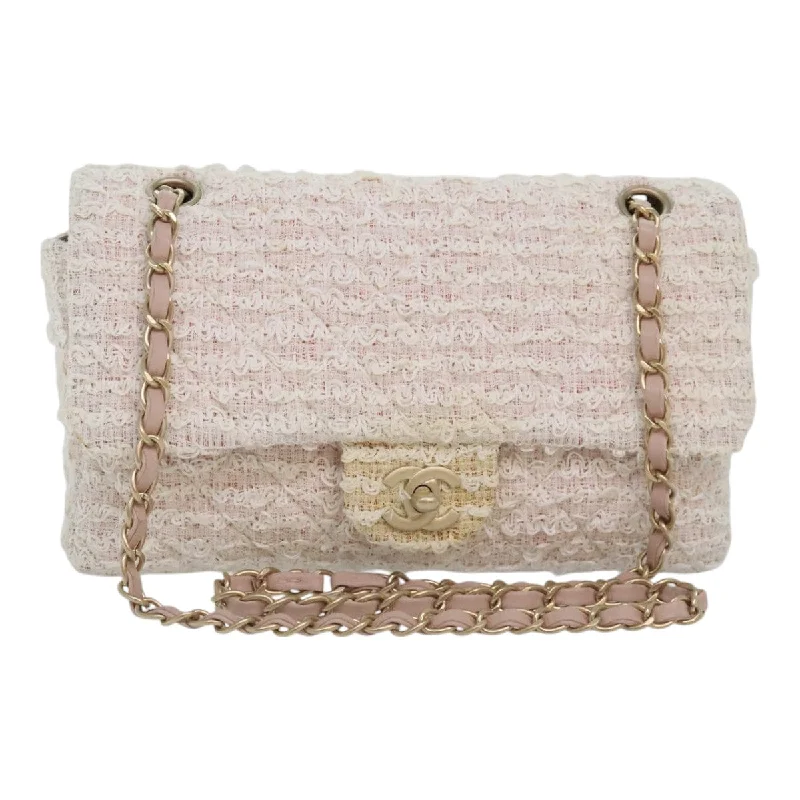 Chanel bags with iconic stitching detailsCHANEL Matelasse Chain Shoulder Bag tweed White Pink CC  93801A