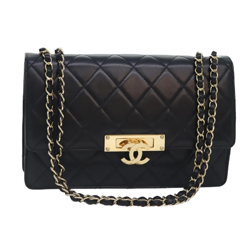 Chanel Classic Flap Bag for Evening PartyCHANEL Matelasse  COCO Mark Chain Bag Lamb Skin Black Gold CC  yk15214A