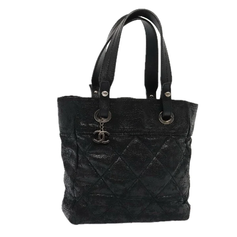 Chanel Limited Edition Handbag for CollectorsCHANEL Paris Biarritz MM Tote Bag Coated Canvas Black Silver CC  bs17785