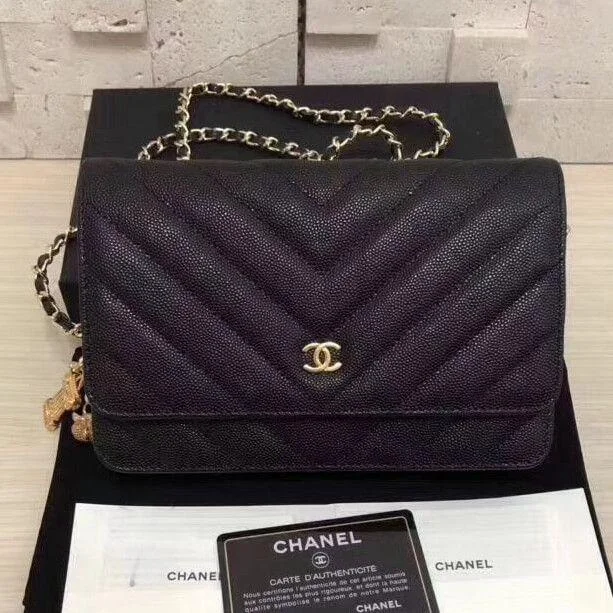 Chanel Designer Handbag with Unique DesignChanel Wallet On Chain – WOC Chevron Lambskin Black Gold-Toned